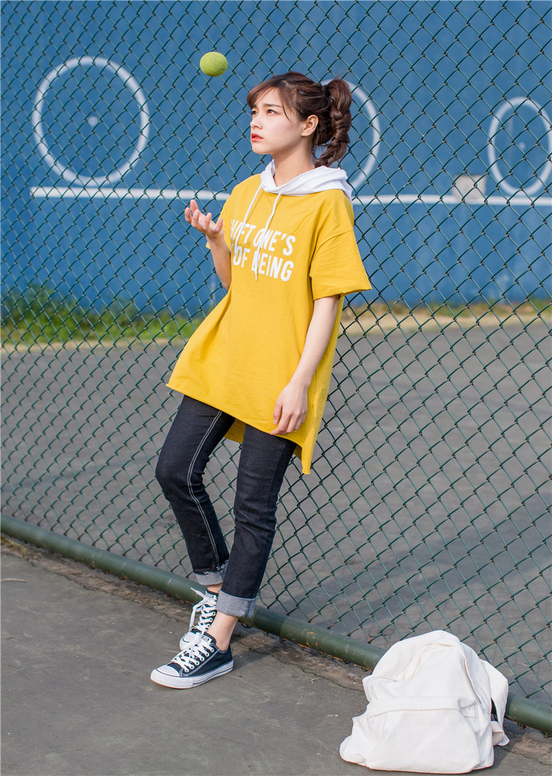 娇米诗2017夏季韩版新款中长款连帽印花宽松