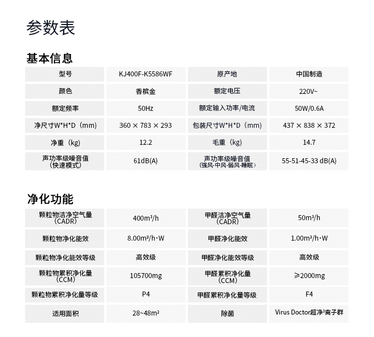 三星/（SAMSUNG）空气净化器KJ400F-K5586WF 长效除霾 CCM超10万 47平大空间 内置WIFI远程