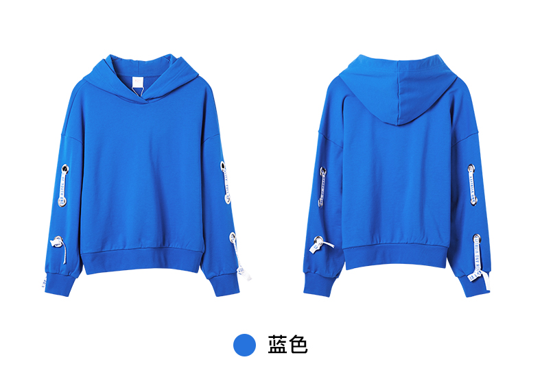 a21以纯线上品牌2018春装新品宽松连帽卫衣女时尚纯色织带上衣女