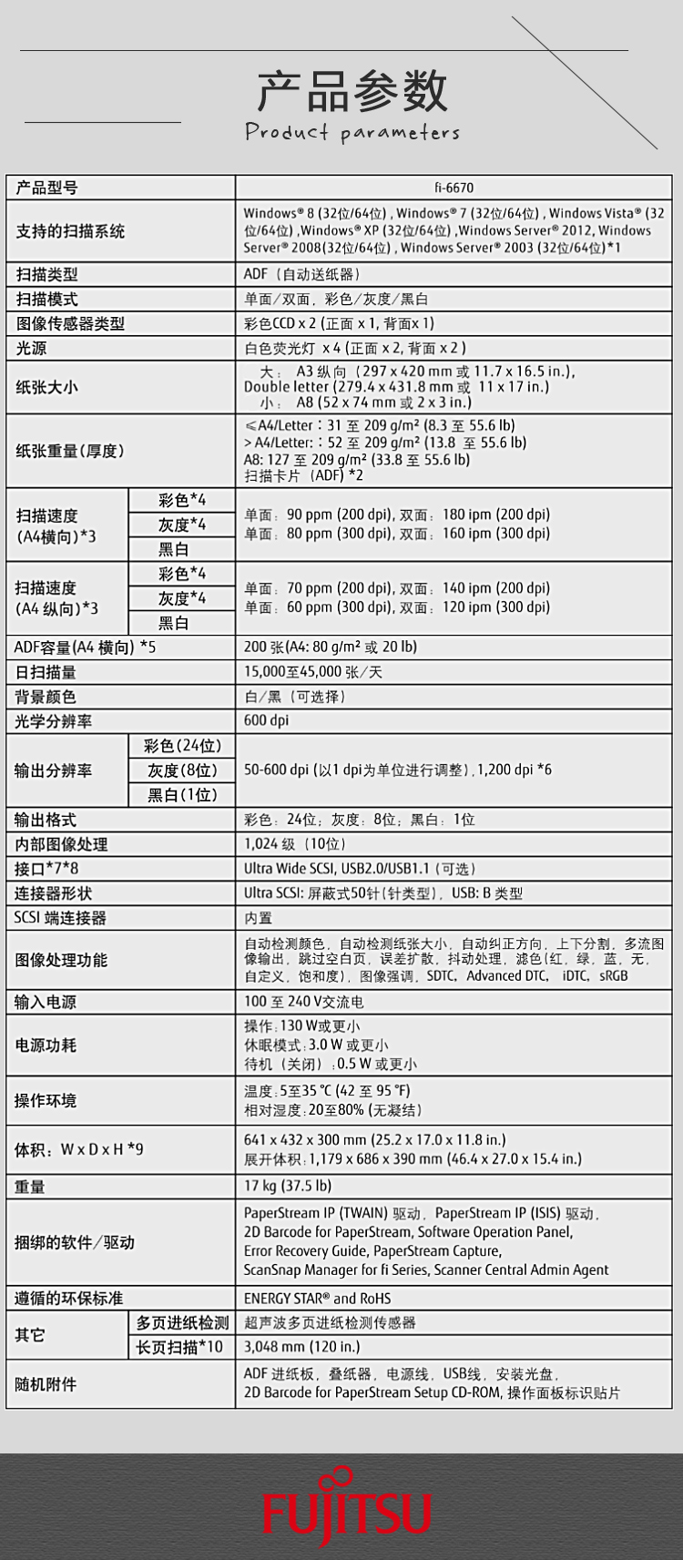 富士通（Fujitsu）Fi-6670扫描仪A3高速双面自动进纸馈纸式扫描仪 灰黑色