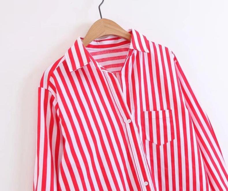 红白竖条纹衬衫女长袖2017新款秋季韩版宽松