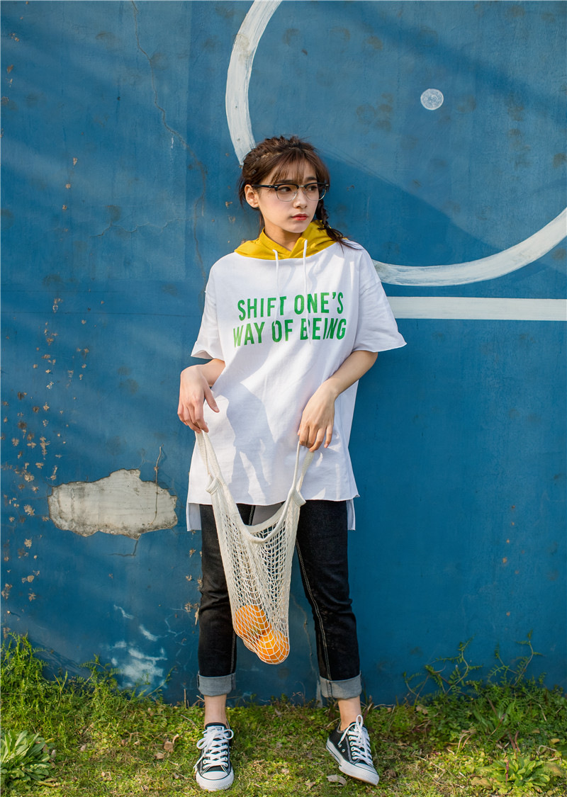 娇米诗2017夏季韩版新款中长款连帽印花宽松