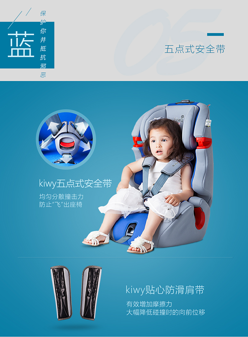 kiwy原装进口宝宝汽车儿童安全座椅isofix硬接口9个月-12岁 可拆增高垫 凯威一号 道奇蓝