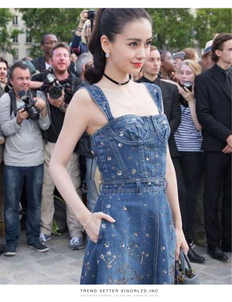 韩版angelababy,angelababy剧照 828新款angelababy杨颖同款韩版修身高腰baby显瘦吊带刺绣牛仔裙