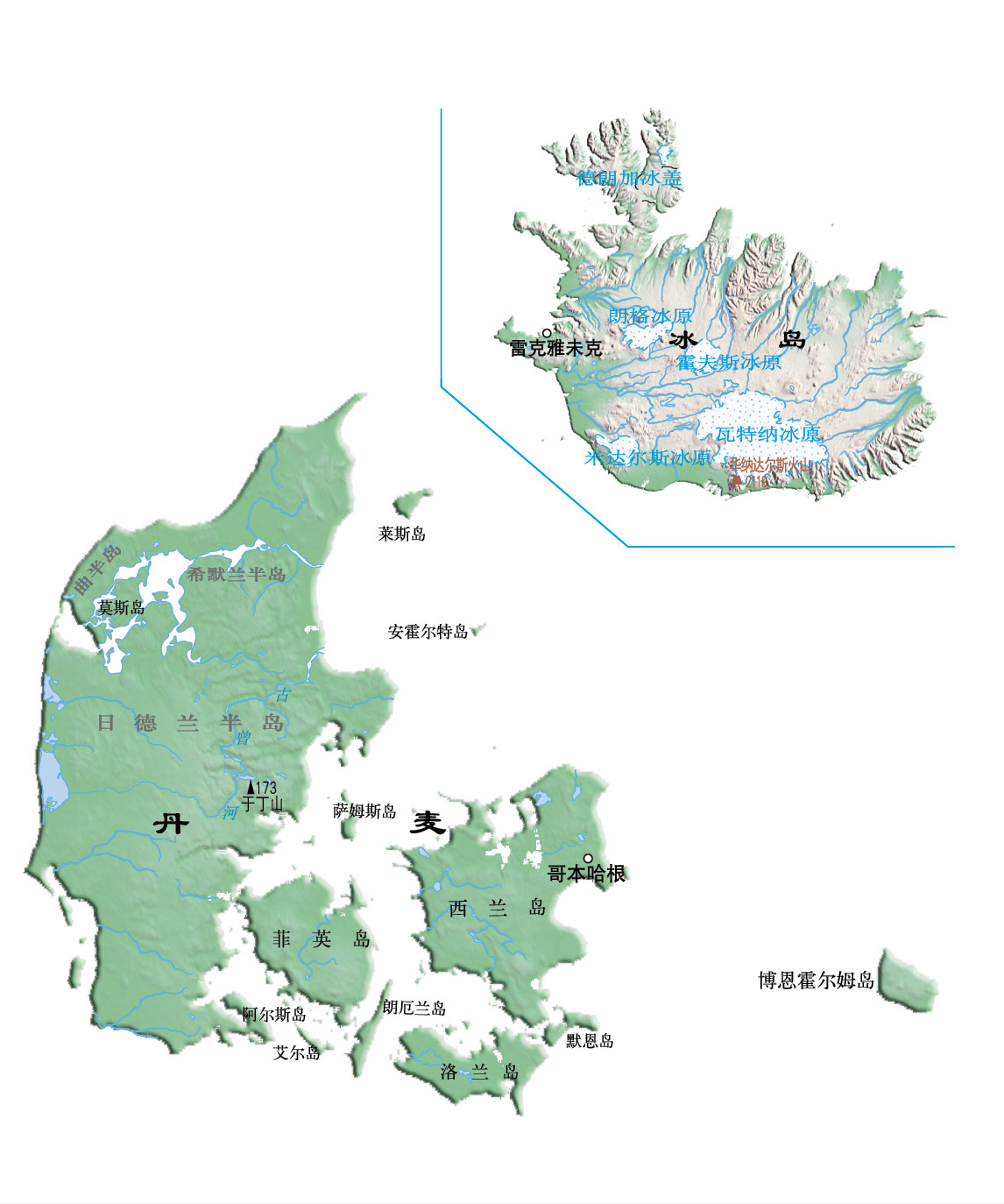 主要表示了丹麦冰岛的行政区划,城市,境界线,交通,旅游等.