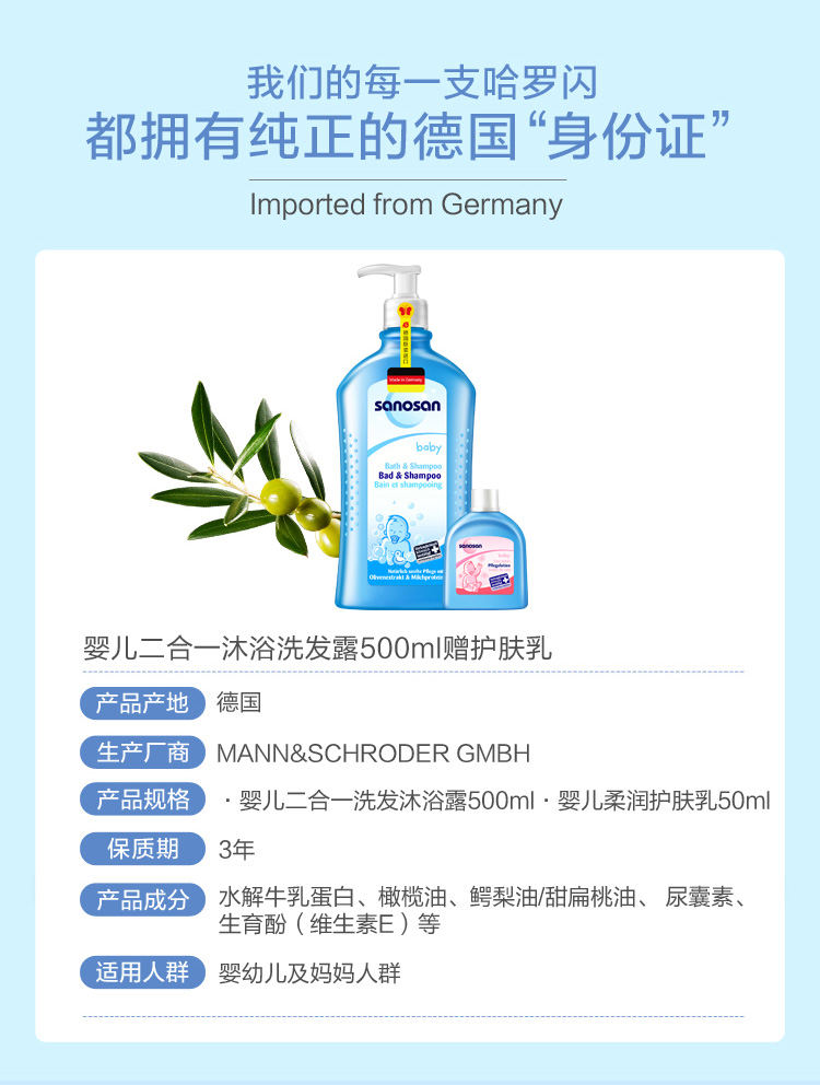 哈罗闪(sanosan)婴儿经典洗护套装（二合一500ml+乳50ml）