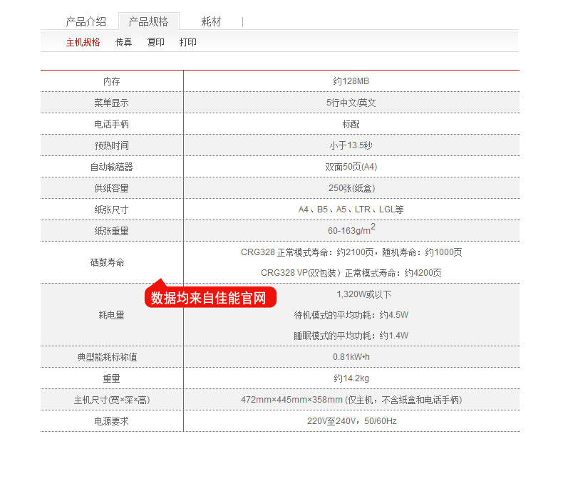 佳能(Canon) FAX-L418SG 黑白激光多功能商用激光传真一体机传真 复印 打印