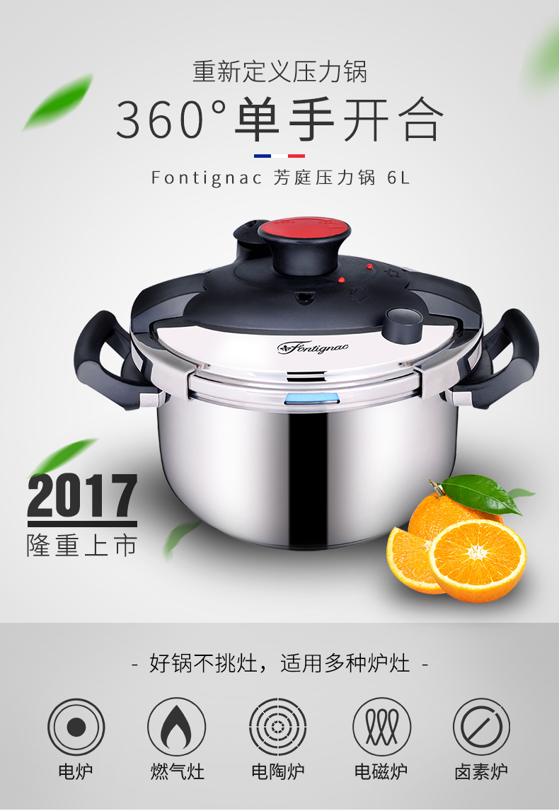 双立人旗下法国Fontignac芳庭24cm家用304不锈钢压力锅 6L