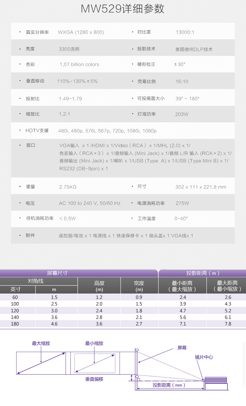 明基（BenQ）MW529 办公 投影机（DLP芯片 3300ANSI流明 WXGA分辨率 HDMI）