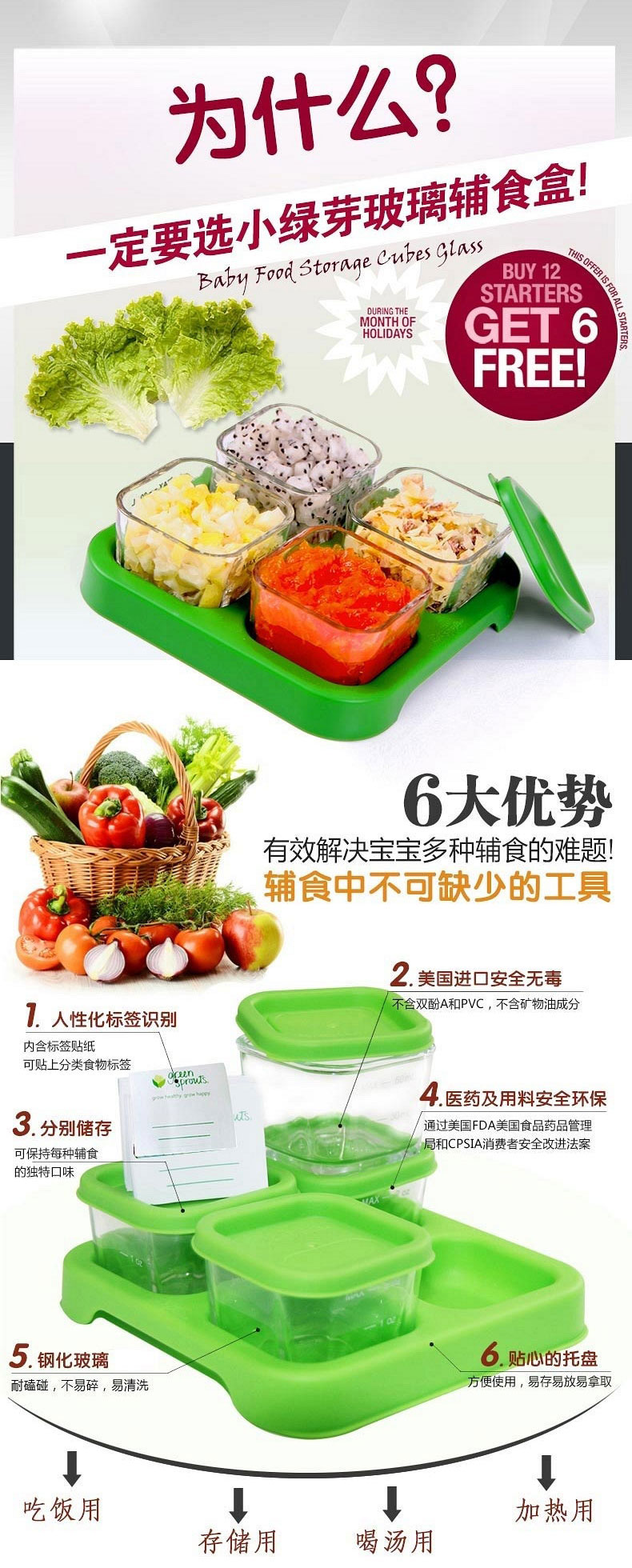 Green Sprouts小绿芽玻璃食物储存辅食分格盒 60ml*4 绿色适用1-6周岁储存新鲜的婴儿辅食