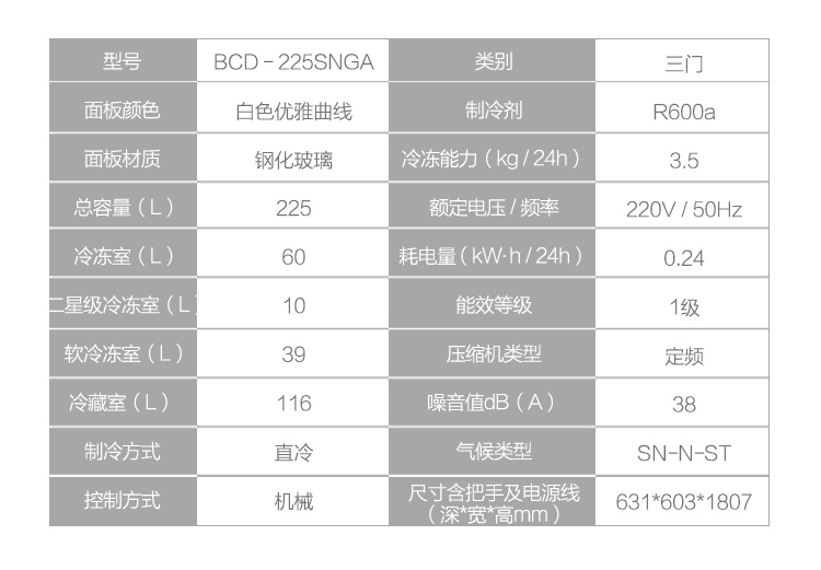 海尔冰箱 三门 225升