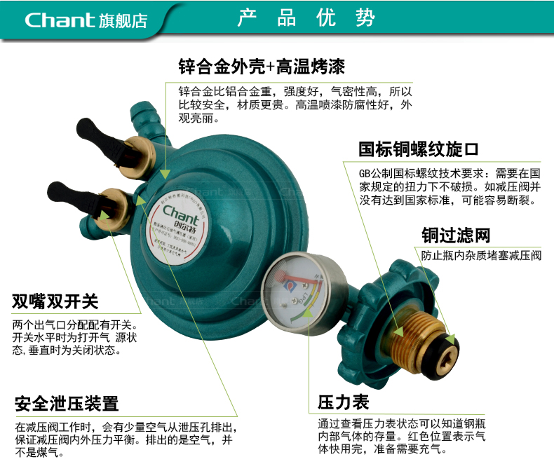 创尔特（Chant）JYTD-0.6E 减压阀 煤气液化气减压阀 双嘴带表家用燃气减压阀