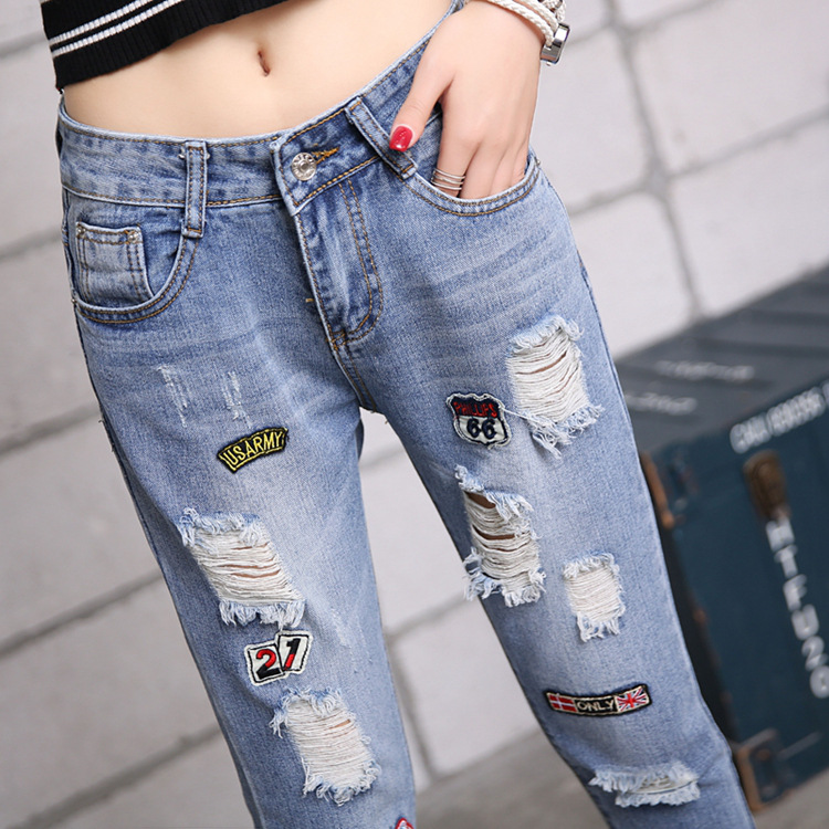娇米诗2017春季破洞九分牛仔裤女宽松补丁哈