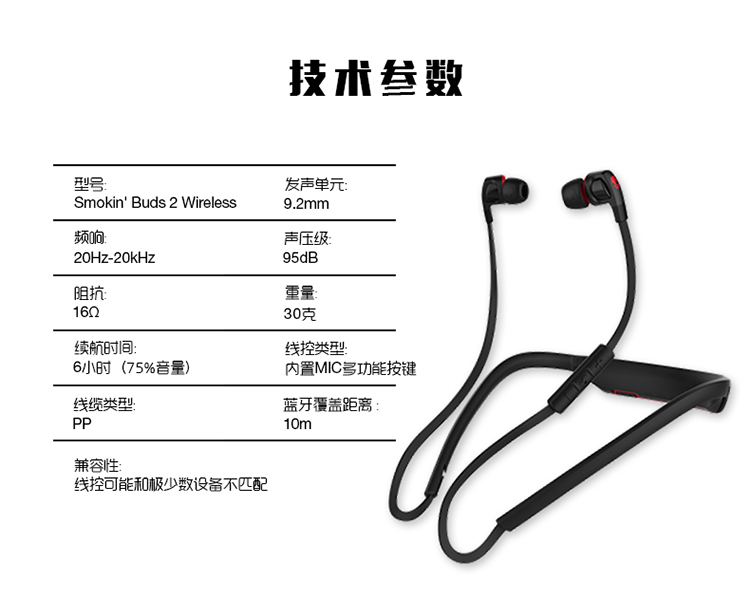 骷髅头（Skullcandy）SMOKIN’ BUDS 2 WIRELESSS2PGHW-174 运动蓝牙手机通话耳机黑