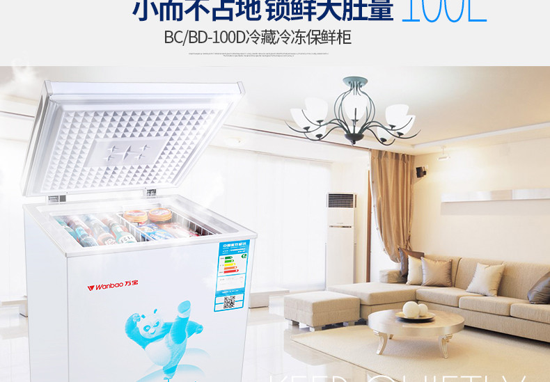 万宝(Wanbao)BC/BD-100D 100升家用卧式冷柜 小冰柜 冷藏冷冻转换 顶开门小型冷柜 一级能耗（白色）