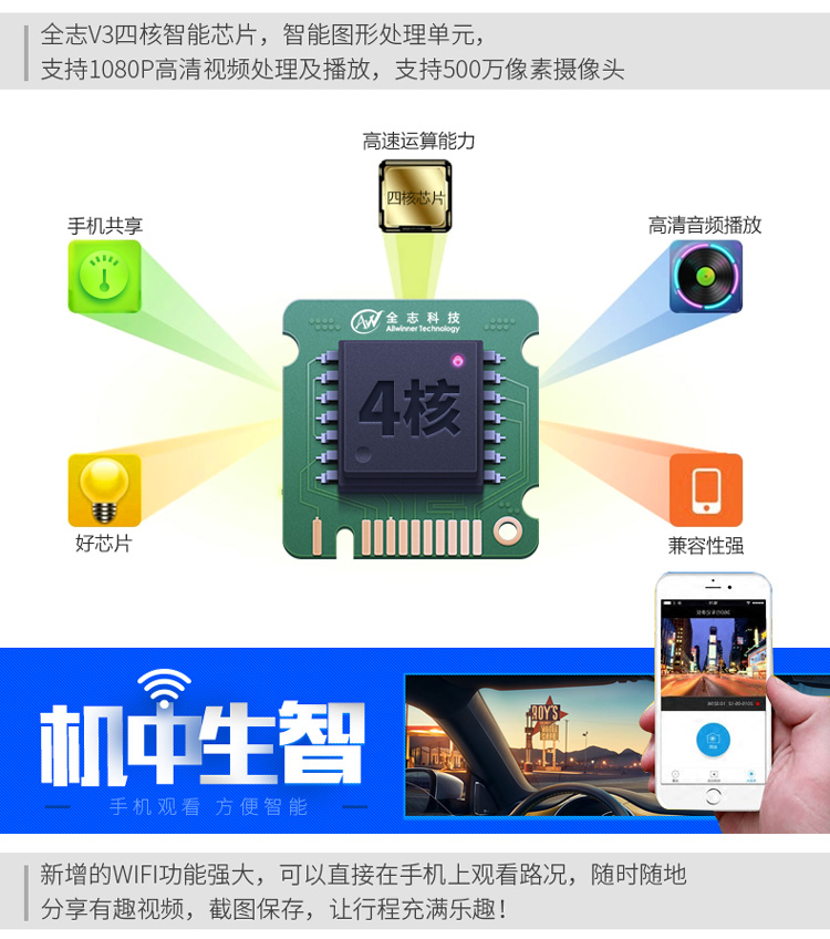 凌度HS910B WIFI手机控制 智能ADAS预警双镜头倒车后视 高清行车记录仪