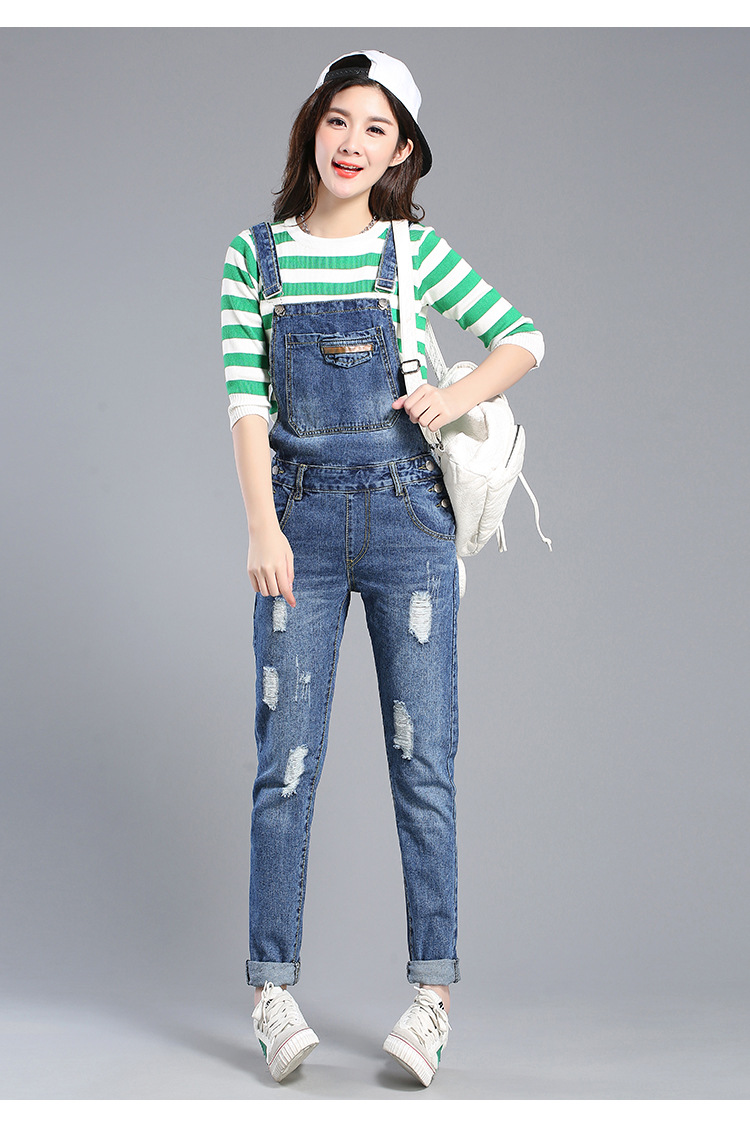 魅言魅语实拍牛仔背带裤女破洞长裤韩版学院风