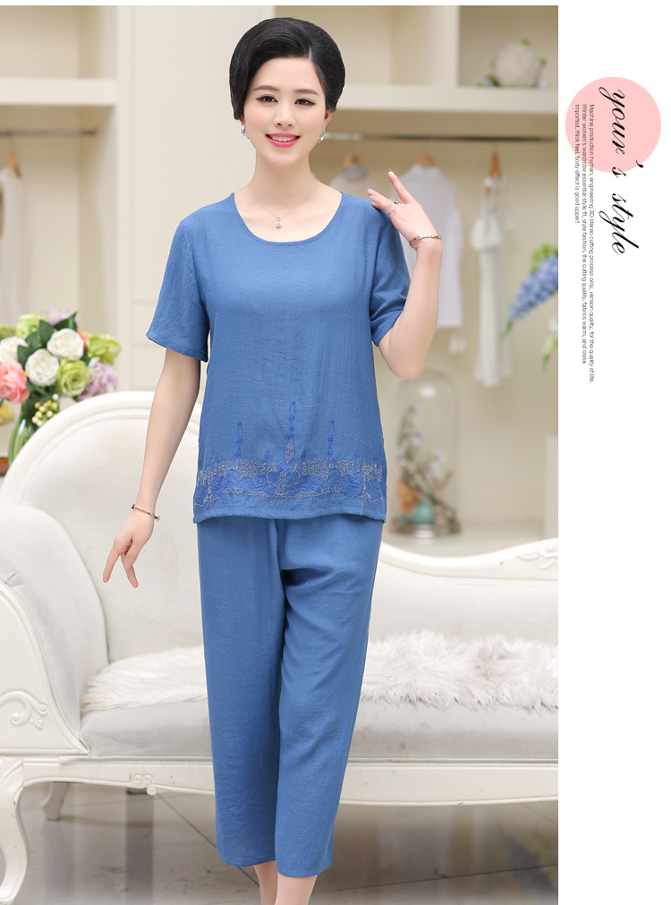 情娇婷2017韩版新款中老年夏女装妈妈装棉麻