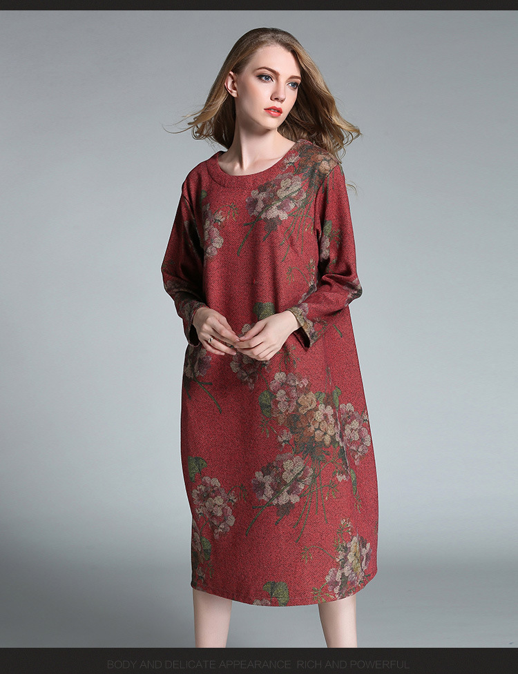 情吻缘2016新款秋冬羊毛彩色印花连衣裙中长