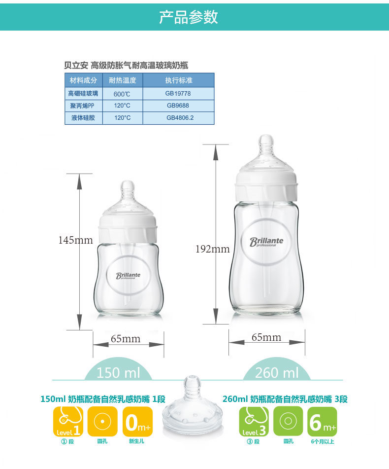 贝立安（Brillante）高级防胀气压制玻璃奶瓶（150ML）BYP15
