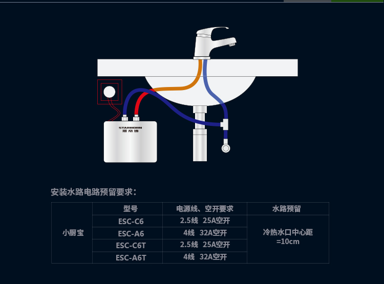 斯帝博 ESC-A6T（6kw 220v） 小厨宝 即热式电热水器 热水宝 上出水 下出水 厨房宝