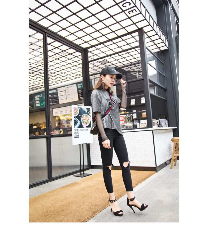 2017夏季新款高跟鞋露趾金属装饰绒面细跟后