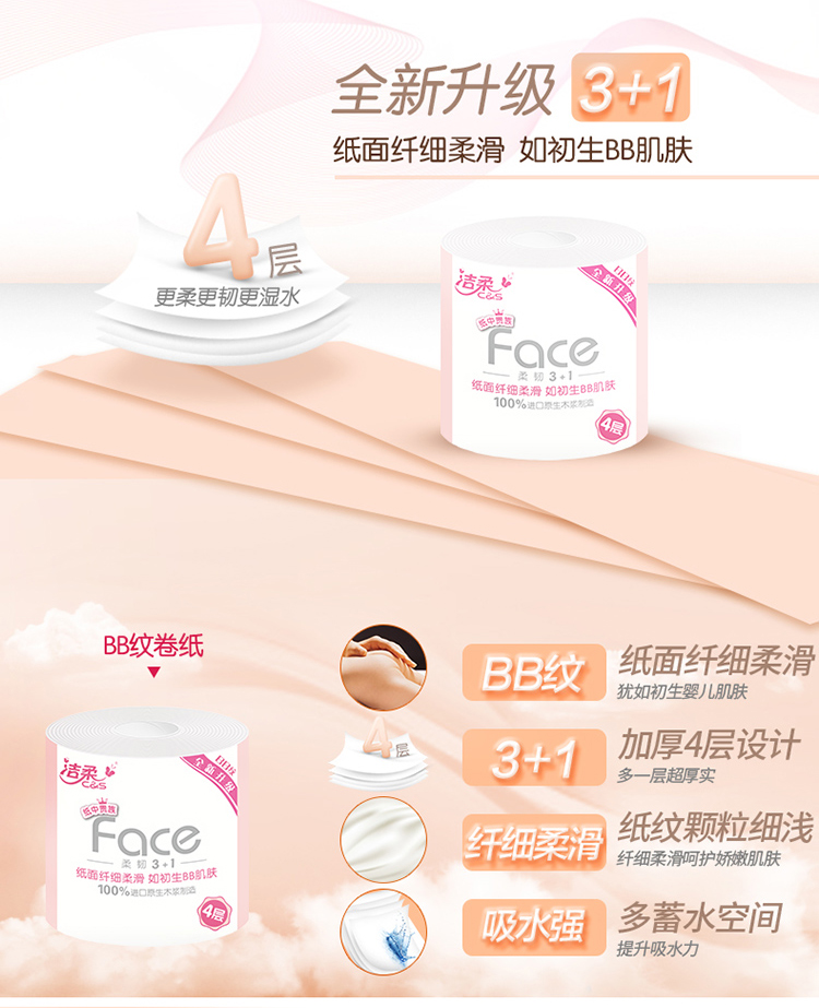 洁柔(C&S) 卷纸 Face系列 4层180克24卷 卷筒卫生纸 (箱装售卖)