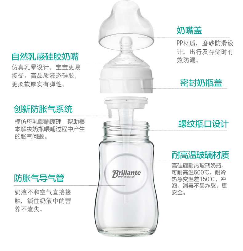 贝立安（Brillante）高级防胀气压制玻璃奶瓶（150ML）BYP15