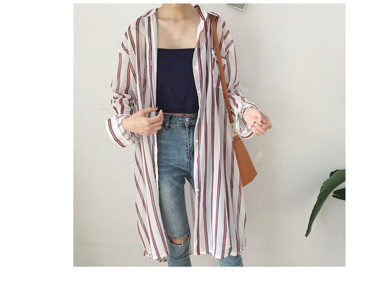 条纹防晒衣衬衫女秋季中长款百搭宽松显瘦学生