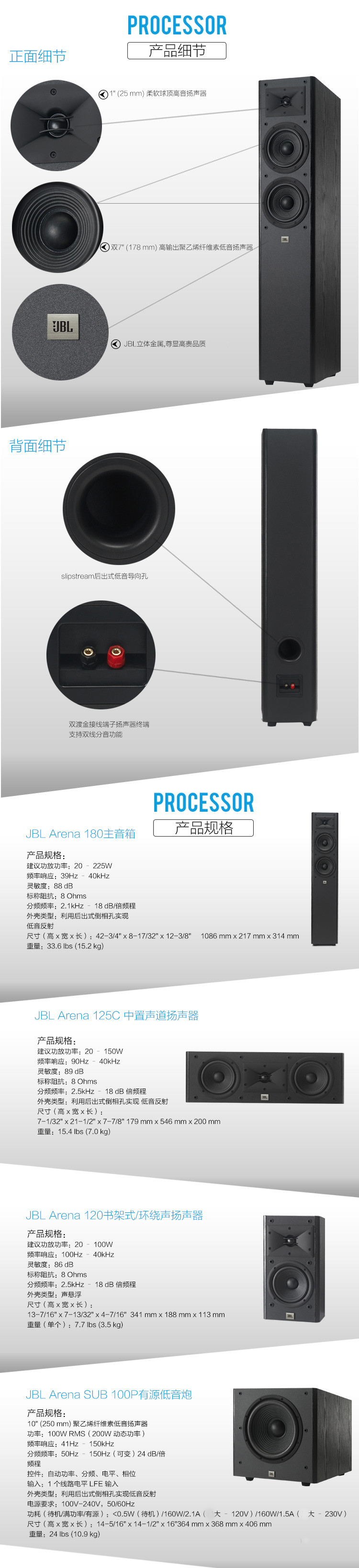 JBL ARENA 180套装 180+120+125C+SUB 100P 5.1家用HIFI木质音箱（需搭配功放使用）