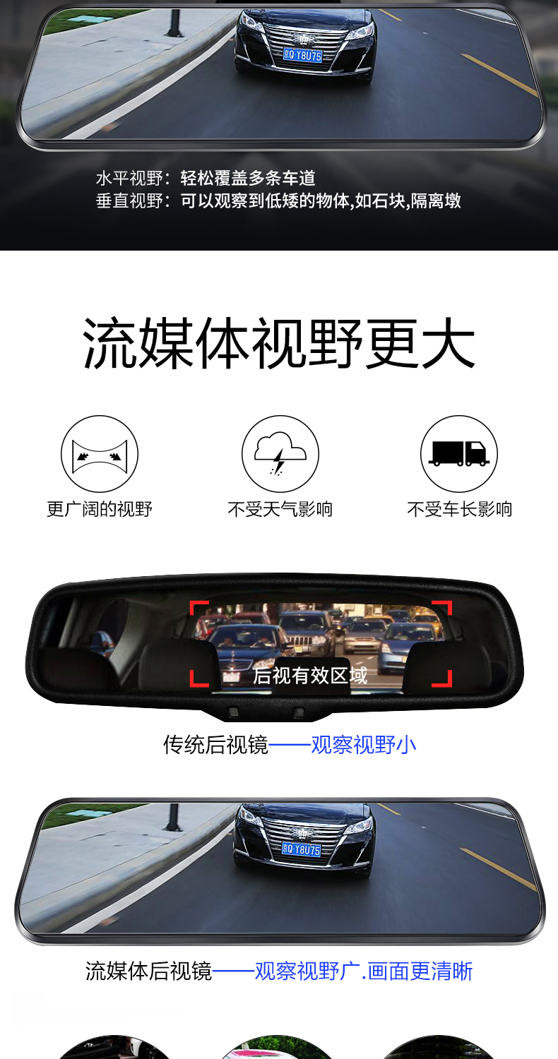 雷萨lesat1710寸流媒体通用款触屏后视镜行车记录仪循环录像无光夜视