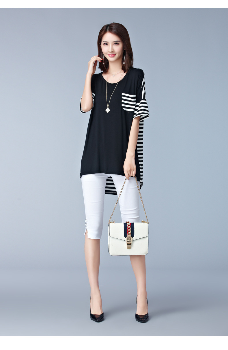 娇米诗2017夏季中长款大码女装针织条纹显瘦