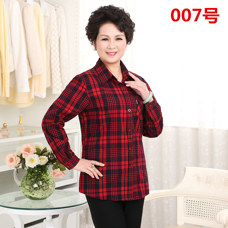 bw9新款中老年纯棉长袖格子衬衫女春秋款妈妈