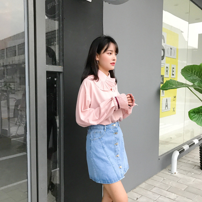 魅言魅语2017#实拍牛仔夏女高腰a字牛仔短裙