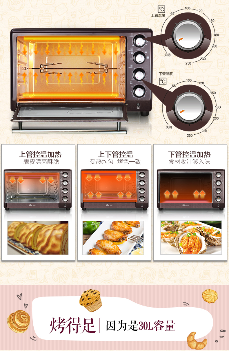 小熊（Bear） 电烤箱DKX-230UB 家用烘焙烤箱 多功能电烤箱上下独立控温
