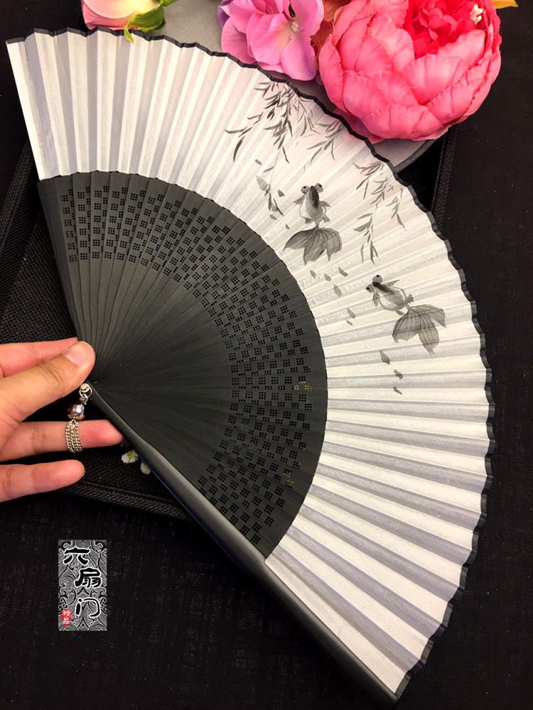 新款中国风黑白真丝扇折扇子手绘工艺礼品扇水墨古风竹扇男女6.