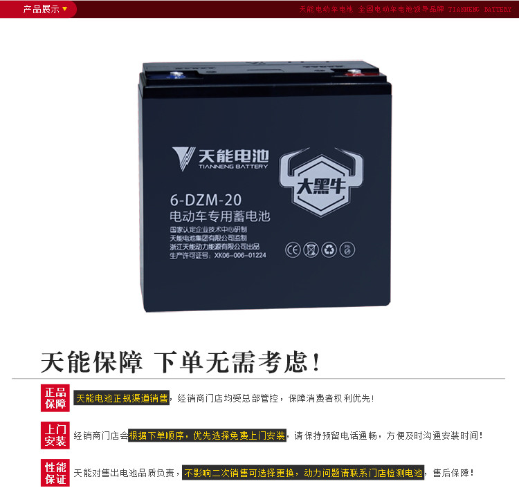 天能大黑牛高级电池电动车蓄电池60v20ah(5只
