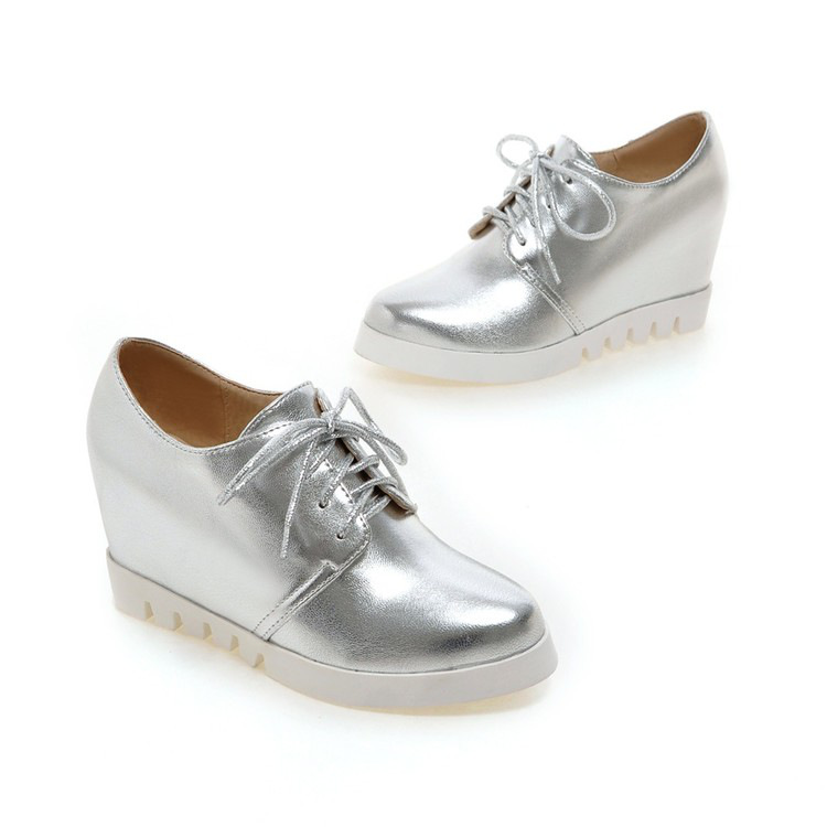 金色银色内增高单鞋春秋系鞋带高跟鞋尖头春季