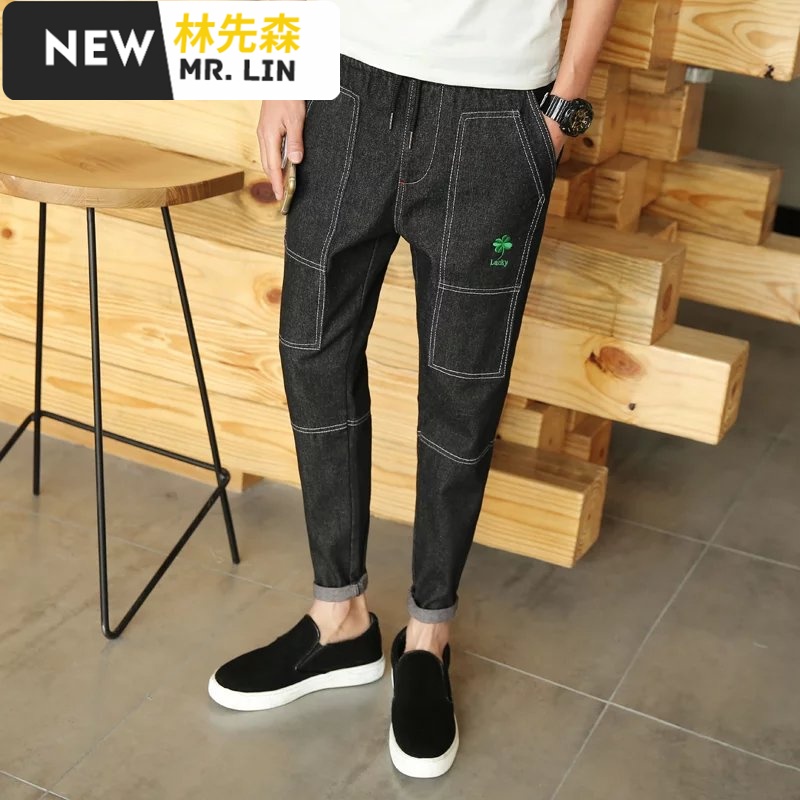 潮流男装秋冬款风牛仔裤直筒男黑裤休闲裤韩版