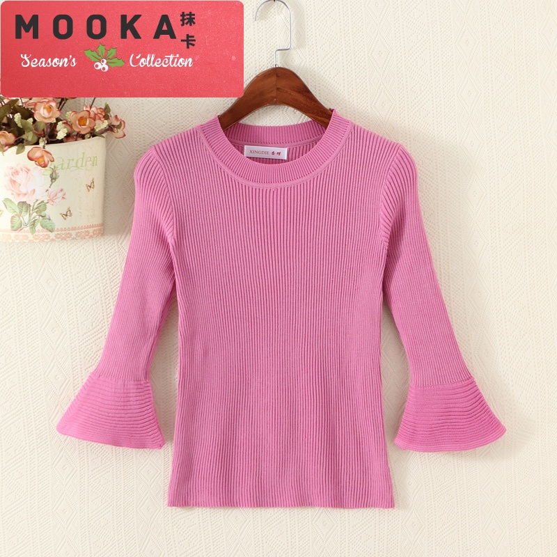 抹卡潮流紧身喇叭袖上衣秋季毛衣女套头圆领打