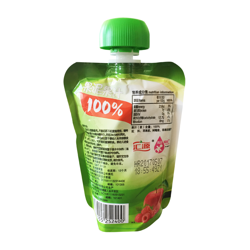 汇源100%果泥果蔬汁-苹果+树莓 (1-3岁适用) 120g