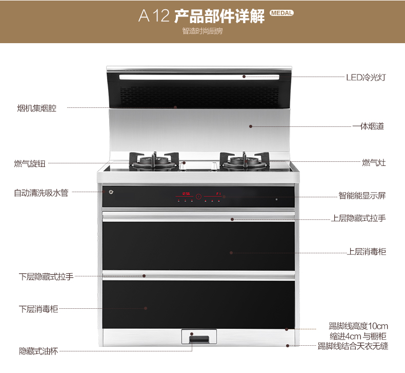 medal/美多A12侧吸式一体无烟集成灶自动清洗烟灶消套装高端正品