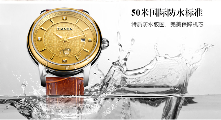 天霸(TIANBA)手表 复古稳重男士手表 皮带款全自动机械男表TM6021.04PC 金面棕带 金色
