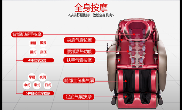 傲盛(AOSHENG) MC6（尊贵红）按摩椅 双推杆 零重力 零空间 多功能智能气囊按摩