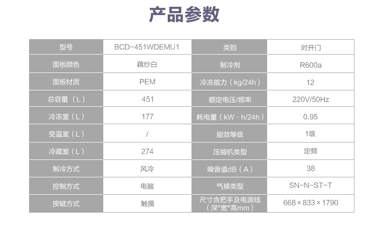 海尔冰箱 BCD-451WDEMU1 451升家用风冷无
