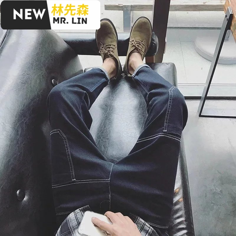 潮流男装新款风牛仔裤直筒男黑裤休闲裤韩版修