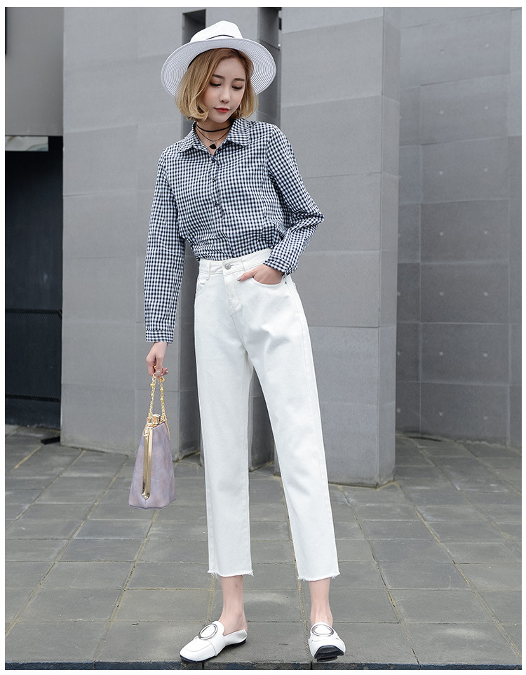 韩雪青青2017韩版白色阔腿裤毛边宽松牛仔裤