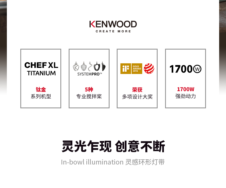 凯伍德（KENWOOD）厨师机 KVL80 搅拌榨汁研磨 打发和面绞肉 5大配件 一机多用 高端家用厨师机搅拌机