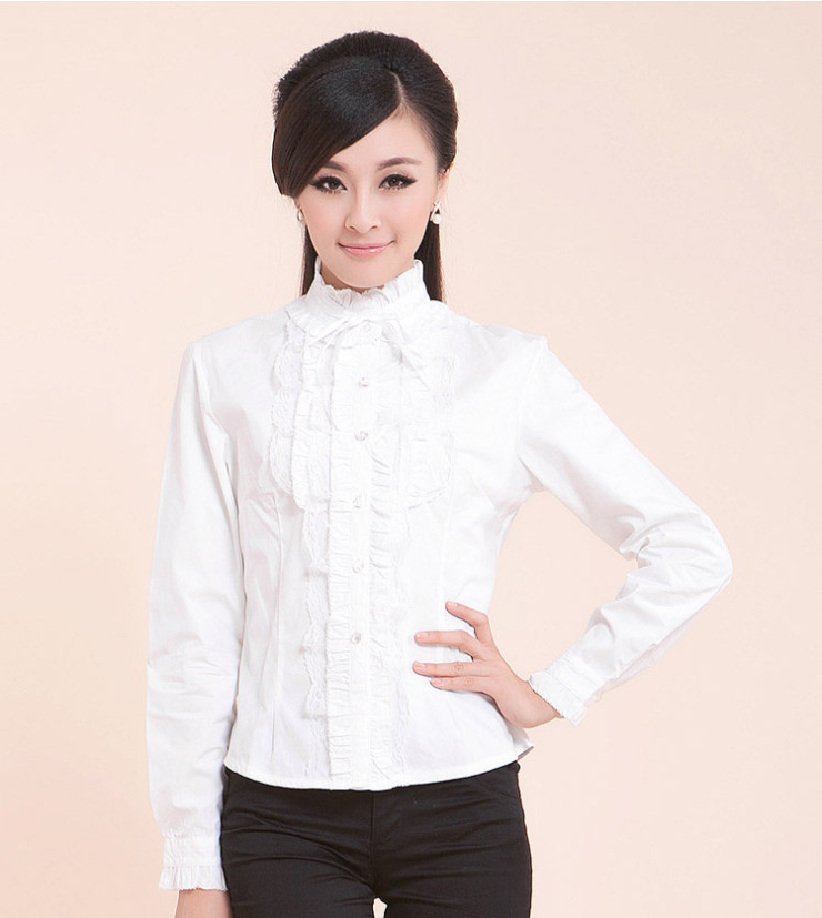 杰美依璐 2013立领白色衬衫女长袖纯棉修身蕾