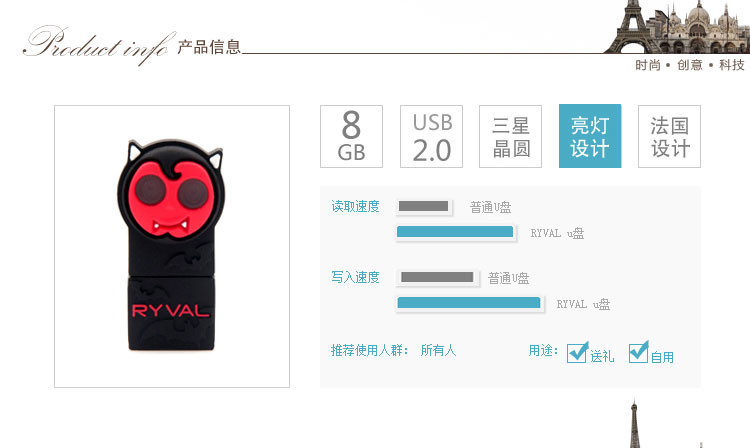 RYVAL 睿乐 创意车载优盘 卡通个性可爱迷你 